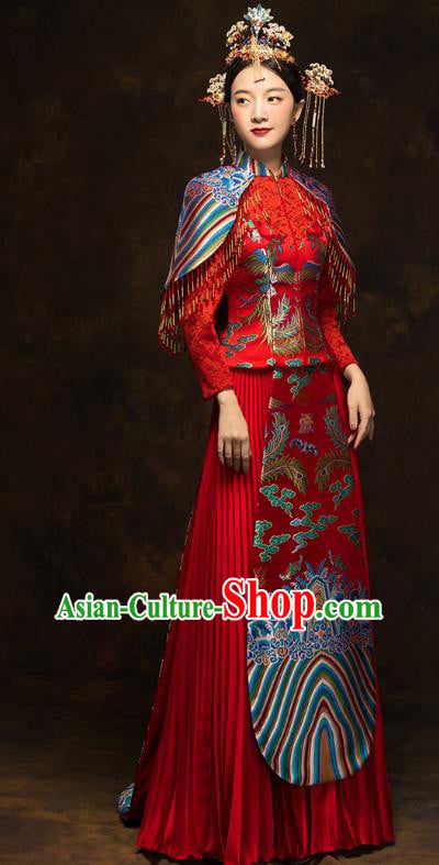 China Wedding Red Toast Dress Classical Phoenix Painting Xiuhe Suits Traditional Bride Costumes China Wedding Red Toast Dress Classical Phoenix Painting Xiuhe Suits Traditional Bride Costumes