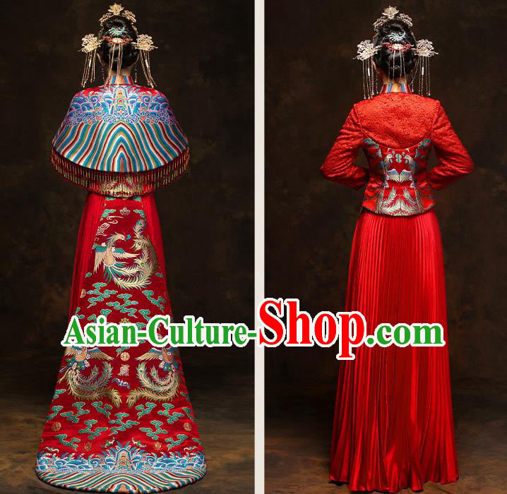 China Wedding Red Toast Dress Classical Phoenix Painting Xiuhe Suits Traditional Bride Costumes China Wedding Red Toast Dress Classical Phoenix Painting Xiuhe Suits Traditional Bride Costumes
