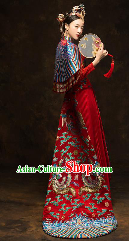 China Wedding Red Toast Dress Classical Phoenix Painting Xiuhe Suits Traditional Bride Costumes China Wedding Red Toast Dress Classical Phoenix Painting Xiuhe Suits Traditional Bride Costumes