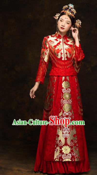 China Traditional Bride Costumes Wedding Red Toast Dress Classical Tassel Xiuhe Suits China Traditional Bride Costumes Wedding Red Toast Dress Classical Tassel Xiuhe Suits