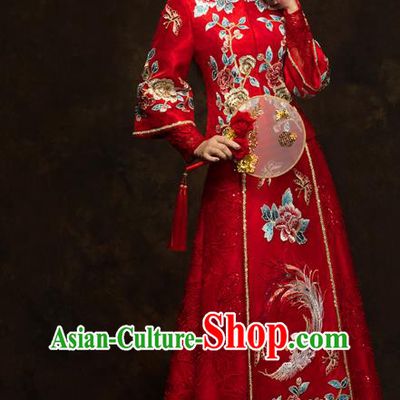 China Classical Embroidered Phoenix Peony Xiuhe Suits Traditional Bride Costumes Wedding Red Toast Dress