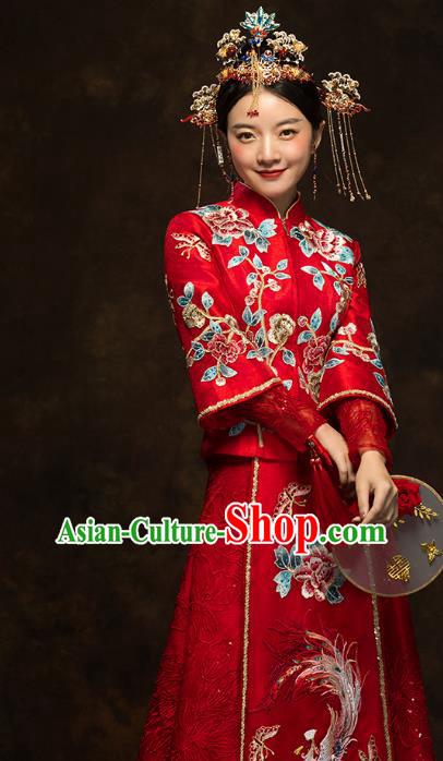 China Classical Embroidered Phoenix Peony Xiuhe Suits Traditional Bride Costumes Wedding Red Toast Dress
