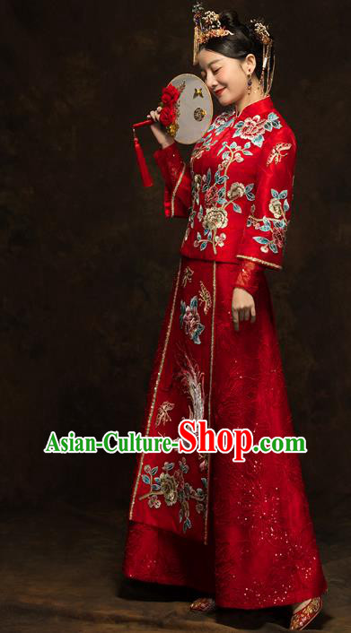 China Classical Embroidered Phoenix Peony Xiuhe Suits Traditional Bride Costumes Wedding Red Toast Dress