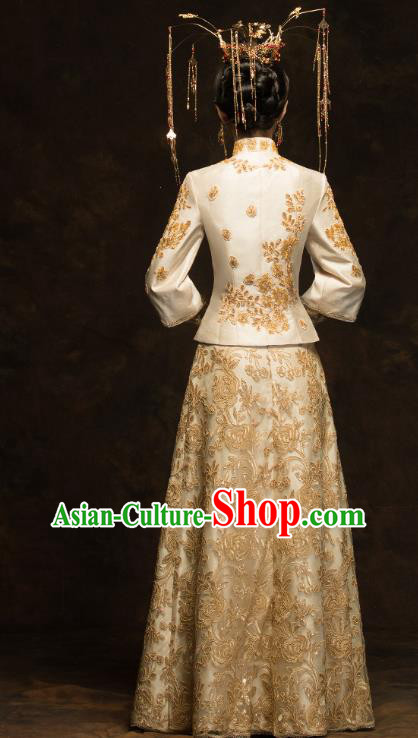 China Traditional Bride Costumes Wedding Toast Dress Classical Embroidered Phoenix Golden Xiuhe Suits China Traditional Bride Costumes Wedding Toast Dress Classical Embroidered Phoenix Golden Xiuhe Suits