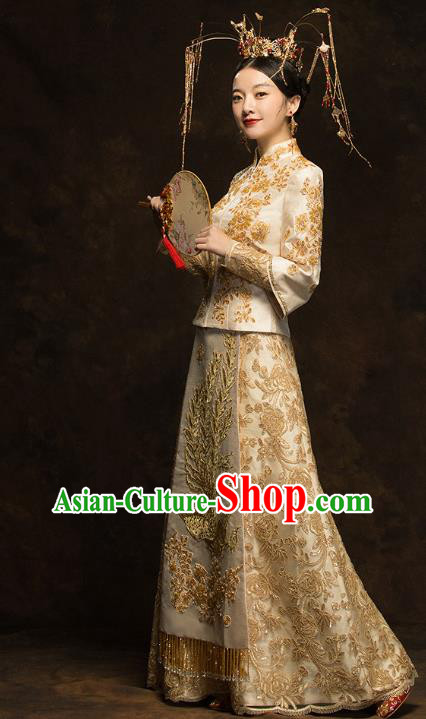 China Traditional Bride Costumes Wedding Toast Dress Classical Embroidered Phoenix Golden Xiuhe Suits China Traditional Bride Costumes Wedding Toast Dress Classical Embroidered Phoenix Golden Xiuhe Suits