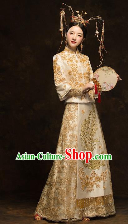 China Traditional Bride Costumes Wedding Toast Dress Classical Embroidered Phoenix Golden Xiuhe Suits China Traditional Bride Costumes Wedding Toast Dress Classical Embroidered Phoenix Golden Xiuhe Suits