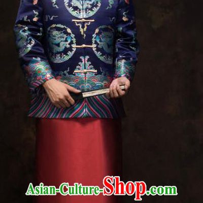 Chinese Wedding Bridegroom Tang Suit Costumes Traditional Deep Blue Mandarin Jacket and Red Long Robe