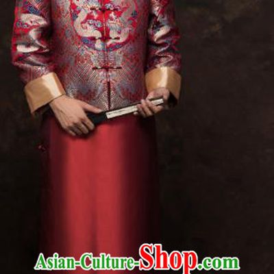 Chinese Tang Suit Embroidered Dragon Red Mandarin Jacket and Long Robe Traditional Wedding Bridegroom Costumes