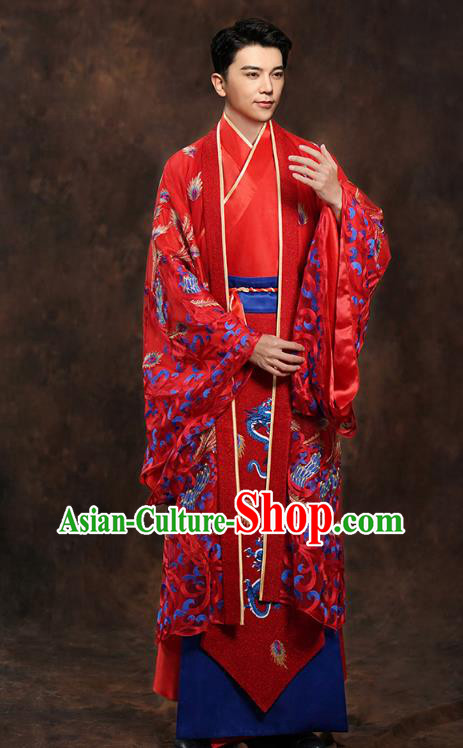 Chinese Traditional Han Dynasty Wedding Costumes Ancient Scholar Bridegroom Red Clothing