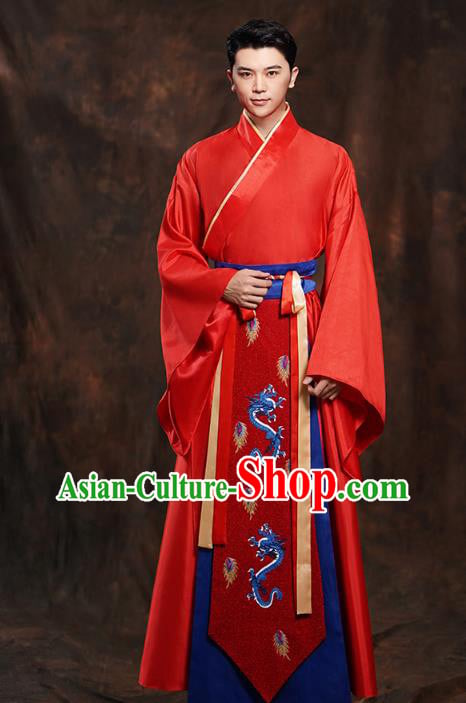 Chinese Traditional Han Dynasty Wedding Costumes Ancient Scholar Bridegroom Red Clothing