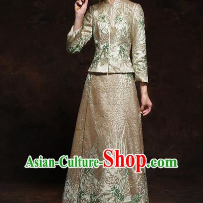 China Classical Wedding Bride Toast Dress Embroidered Golden Blouse and Skirt Traditional Xiuhe Suit Costumes