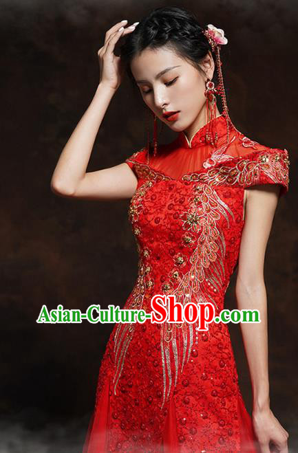 Chinese Classical Embroidered Red Toast Dress Traditional Wedding Bride Cheongsam Clothing Chinese Classical Embroidered Red Toast Dress Traditional Wedding Bride Cheongsam Clothing
