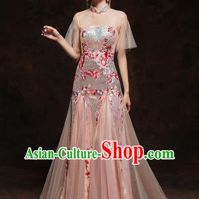 Chinese Traditional Wedding Bride Champagne Veil Cheongsam Clothing Classical Embroidered Sequins Toast Dress