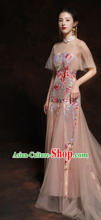 Chinese Traditional Wedding Bride Champagne Veil Cheongsam Clothing Classical Embroidered Sequins Toast Dress Chinese Traditional Wedding Bride Champagne Veil Cheongsam Clothing Classical Embroidered Sequins Toast Dress