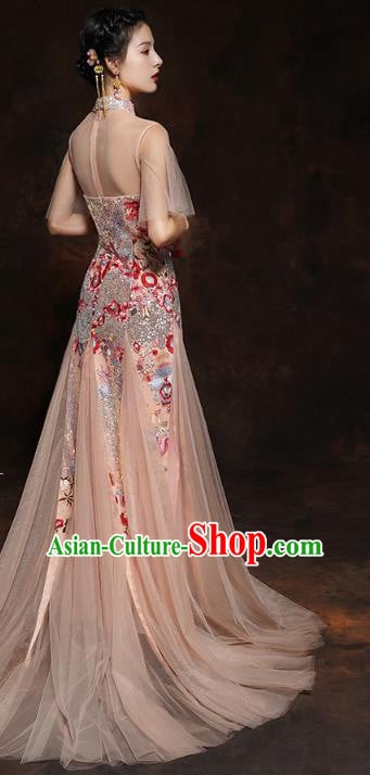 Chinese Traditional Wedding Bride Champagne Veil Cheongsam Clothing Classical Embroidered Sequins Toast Dress Chinese Traditional Wedding Bride Champagne Veil Cheongsam Clothing Classical Embroidered Sequins Toast Dress