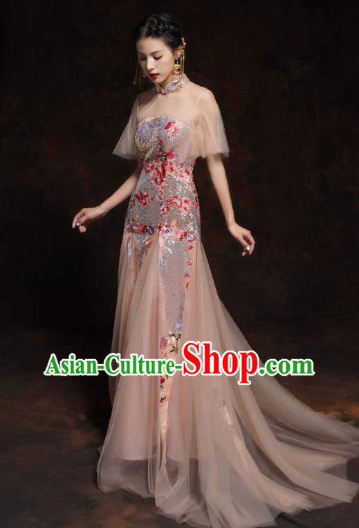Chinese Traditional Wedding Bride Champagne Veil Cheongsam Clothing Classical Embroidered Sequins Toast Dress Chinese Traditional Wedding Bride Champagne Veil Cheongsam Clothing Classical Embroidered Sequins Toast Dress