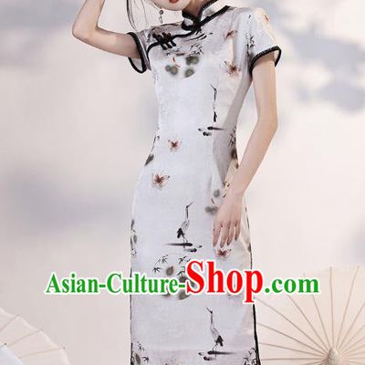 Chinese Young Lady Short Cheongsam Clothing Modern Dance Printing Cranes White Qipao Dress