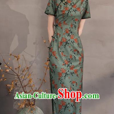 China Traditional Printing Green Qipao Dress National Stage Performance Cheongsam