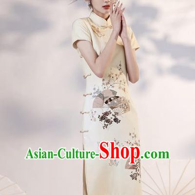 Chinese Young Lady Light Yellow Short Cheongsam Clothing Modern Dance Printing Plum Fan Qipao Dress