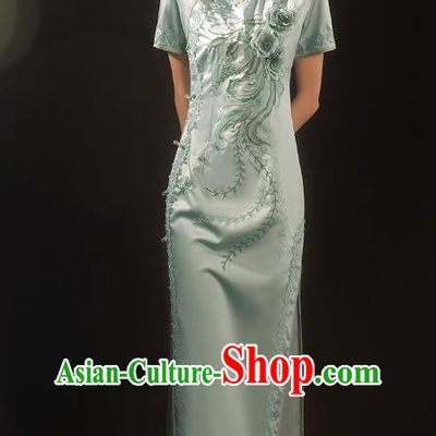 China Traditional Embroidered Qipao Dress National Stage Performance Light Green Cheongsam