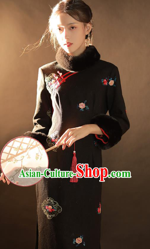 China Traditional Winter Woman Qipao Dress National Classical Dance Embroidered Black Woolen Cheongsam China Traditional Winter Woman Qipao Dress National Classical Dance Embroidered Black Woolen Cheongsam