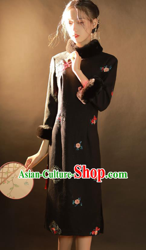 China Traditional Winter Woman Qipao Dress National Classical Dance Embroidered Black Woolen Cheongsam China Traditional Winter Woman Qipao Dress National Classical Dance Embroidered Black Woolen Cheongsam