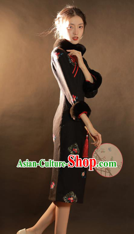 China Traditional Winter Woman Qipao Dress National Classical Dance Embroidered Black Woolen Cheongsam China Traditional Winter Woman Qipao Dress National Classical Dance Embroidered Black Woolen Cheongsam