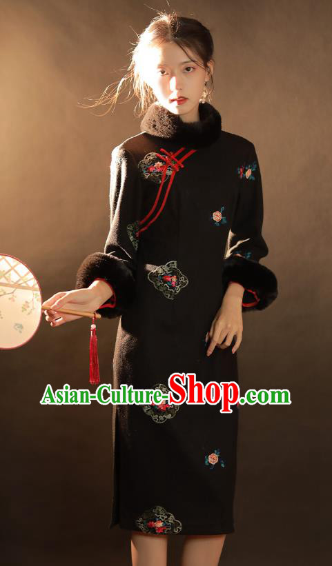 China Traditional Winter Woman Qipao Dress National Classical Dance Embroidered Black Woolen Cheongsam China Traditional Winter Woman Qipao Dress National Classical Dance Embroidered Black Woolen Cheongsam