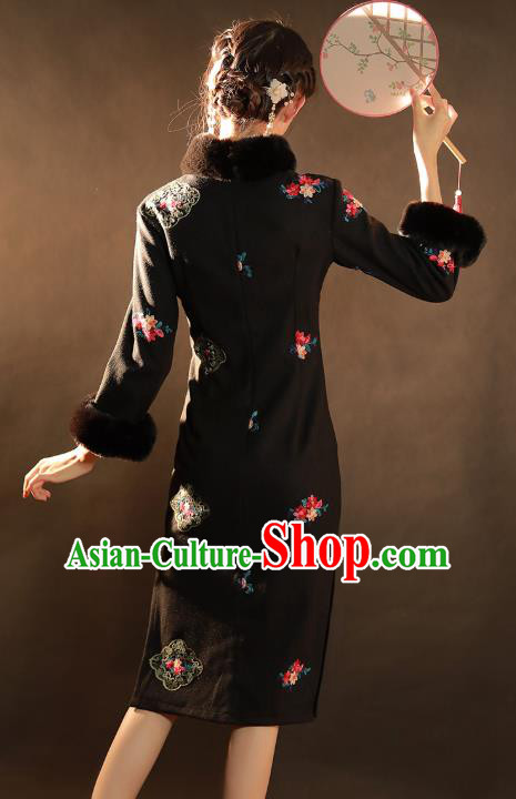 China Traditional Winter Woman Qipao Dress National Classical Dance Embroidered Black Woolen Cheongsam China Traditional Winter Woman Qipao Dress National Classical Dance Embroidered Black Woolen Cheongsam