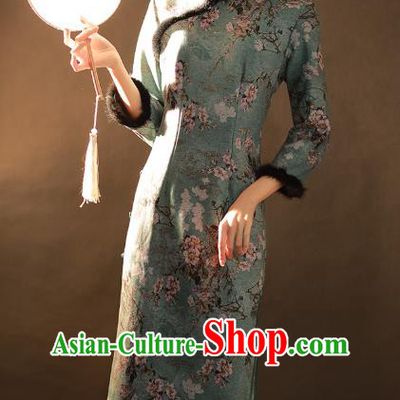 China Traditional Printing Green Woolen Qipao Dress National Winter Classical Dance Cheongsam