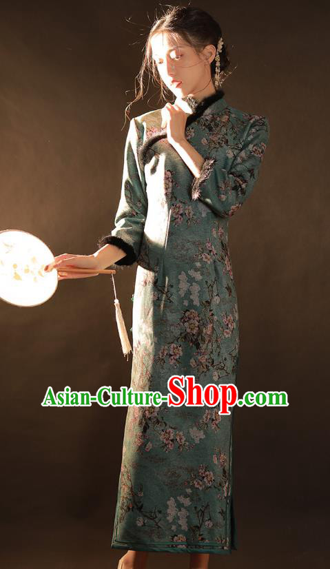 China Traditional Printing Green Woolen Qipao Dress National Winter Classical Dance Cheongsam China Traditional Printing Green Woolen Qipao Dress National Winter Classical Dance Cheongsam