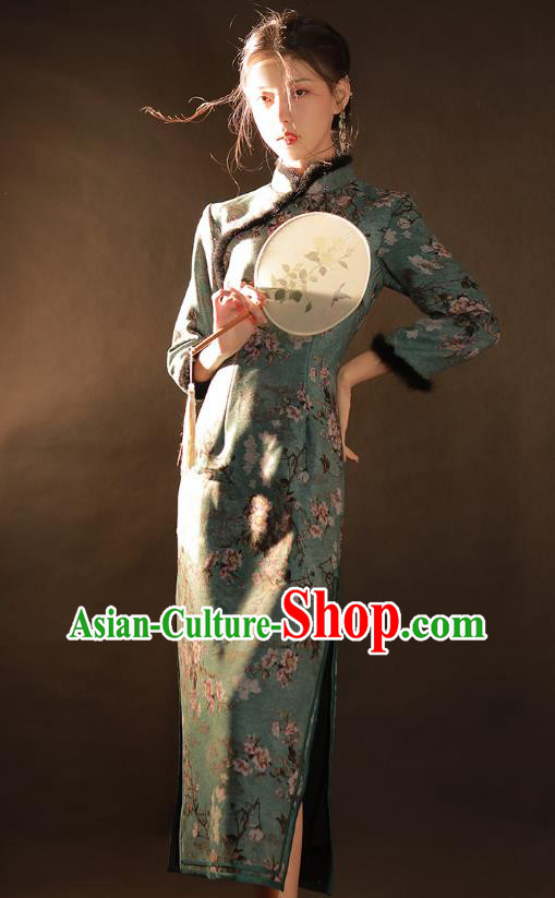 China Traditional Printing Green Woolen Qipao Dress National Winter Classical Dance Cheongsam China Traditional Printing Green Woolen Qipao Dress National Winter Classical Dance Cheongsam
