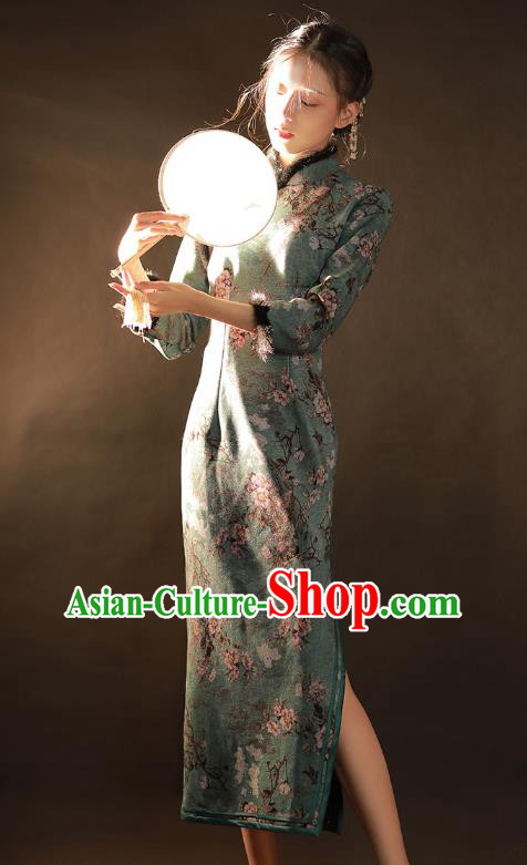 China Traditional Printing Green Woolen Qipao Dress National Winter Classical Dance Cheongsam China Traditional Printing Green Woolen Qipao Dress National Winter Classical Dance Cheongsam