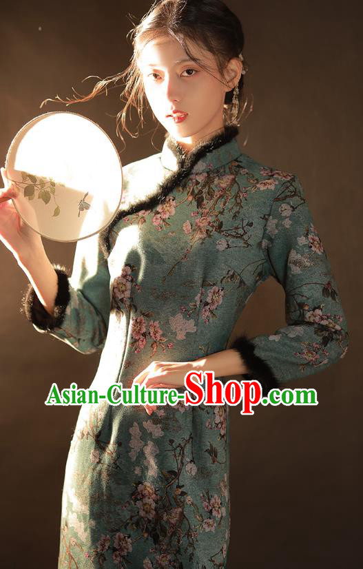 China Traditional Printing Green Woolen Qipao Dress National Winter Classical Dance Cheongsam China Traditional Printing Green Woolen Qipao Dress National Winter Classical Dance Cheongsam