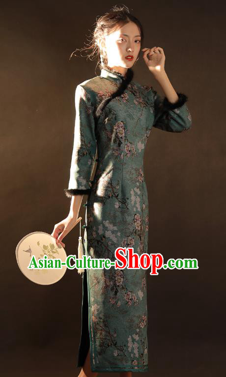 China Traditional Printing Green Woolen Qipao Dress National Winter Classical Dance Cheongsam China Traditional Printing Green Woolen Qipao Dress National Winter Classical Dance Cheongsam