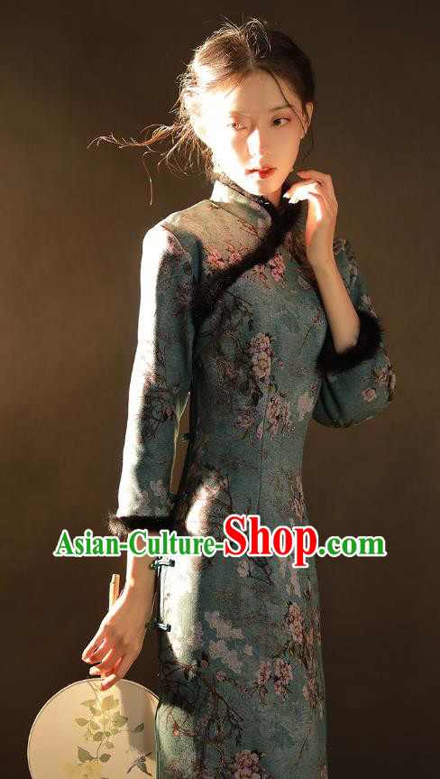 China Traditional Printing Green Woolen Qipao Dress National Winter Classical Dance Cheongsam China Traditional Printing Green Woolen Qipao Dress National Winter Classical Dance Cheongsam