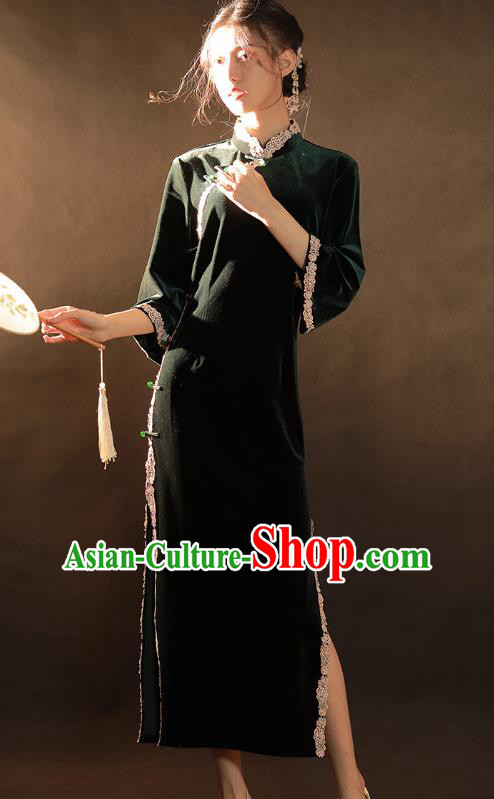 China Traditional Atrovirens Velvet Qipao Dress National Young Woman Classical Dance Cheongsam China Traditional Atrovirens Velvet Qipao Dress National Young Woman Classical Dance Cheongsam