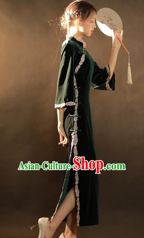 China Traditional Atrovirens Velvet Qipao Dress National Young Woman Classical Dance Cheongsam China Traditional Atrovirens Velvet Qipao Dress National Young Woman Classical Dance Cheongsam