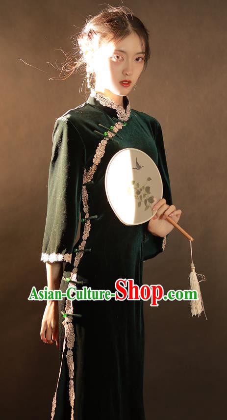 China Traditional Atrovirens Velvet Qipao Dress National Young Woman Classical Dance Cheongsam China Traditional Atrovirens Velvet Qipao Dress National Young Woman Classical Dance Cheongsam
