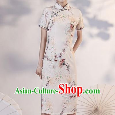 Chinese Young Lady Printing Plum Fan Cheongsam Clothing Modern Dance Beige Qipao Dress