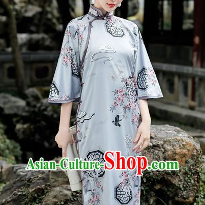 Republic of China Traditional Printing Light Green Qipao Dress National Young Woman Cheongsam