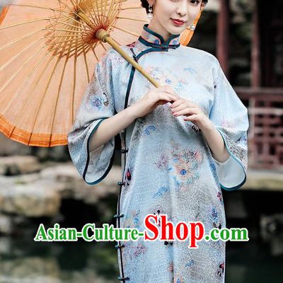Republic of China Traditional Wide Sleeve Qipao Dress National Young Woman Printing Light Blue Cheongsam
