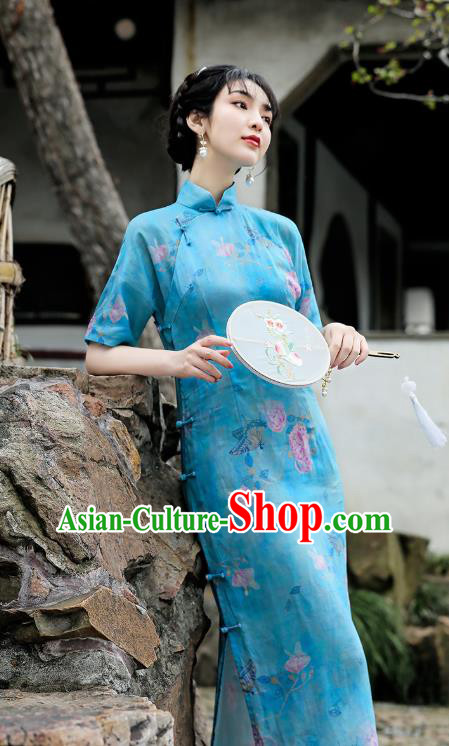 Republic of China National Young Woman Cheongsam Traditional Printing Peony Blue Flax Qipao Dress Republic of China National Young Woman Cheongsam Traditional Printing Peony Blue Flax Qipao Dress