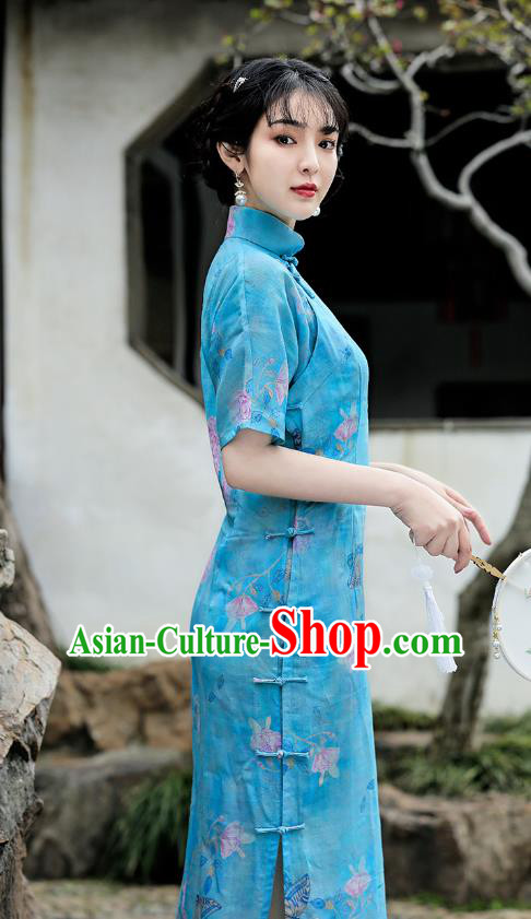 Republic of China National Young Woman Cheongsam Traditional Printing Peony Blue Flax Qipao Dress Republic of China National Young Woman Cheongsam Traditional Printing Peony Blue Flax Qipao Dress