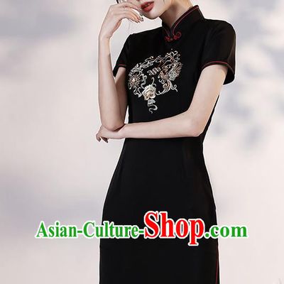 Chinese Young Lady Embroidered Phoenix Peony Cheongsam Clothing Modern Dance Black Short Qipao Dress