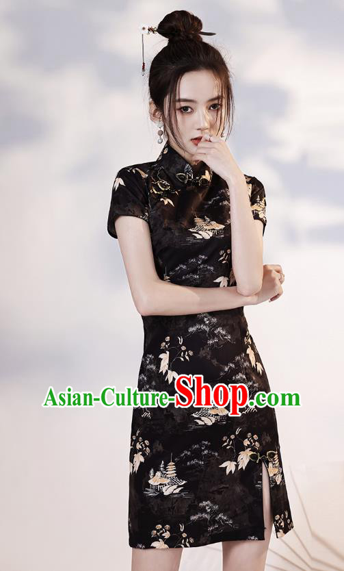 Chinese Printing Black Short Cheongsam Clothing Modern Dance Young Lady Qipao Dress Chinese Printing Black Short Cheongsam Clothing Modern Dance Young Lady Qipao Dress