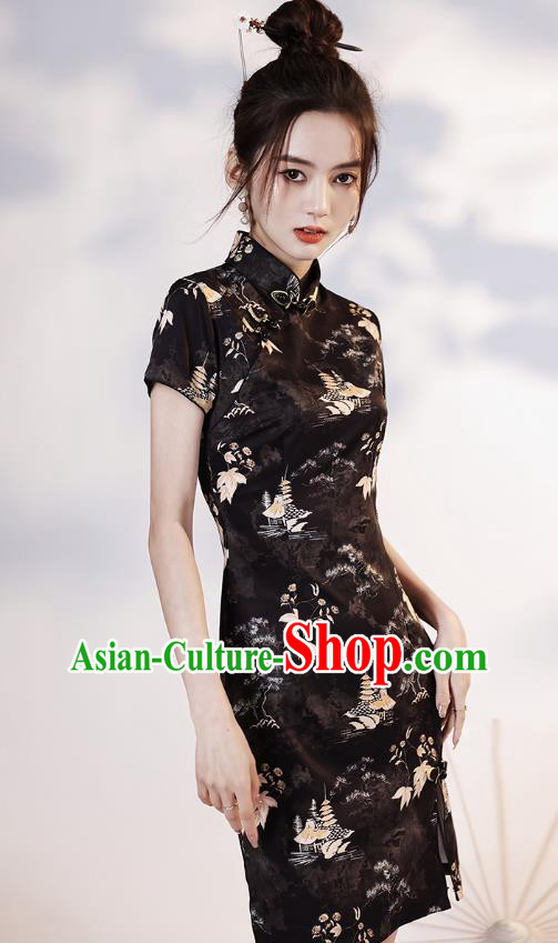 Chinese Printing Black Short Cheongsam Clothing Modern Dance Young Lady Qipao Dress Chinese Printing Black Short Cheongsam Clothing Modern Dance Young Lady Qipao Dress