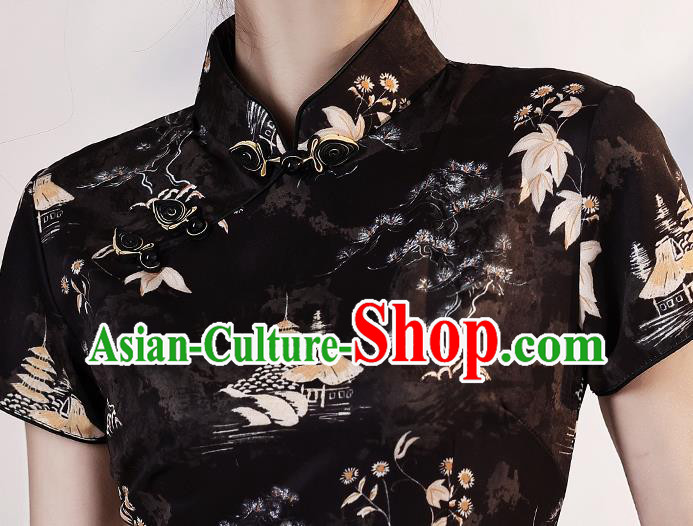 Chinese Printing Black Short Cheongsam Clothing Modern Dance Young Lady Qipao Dress Chinese Printing Black Short Cheongsam Clothing Modern Dance Young Lady Qipao Dress