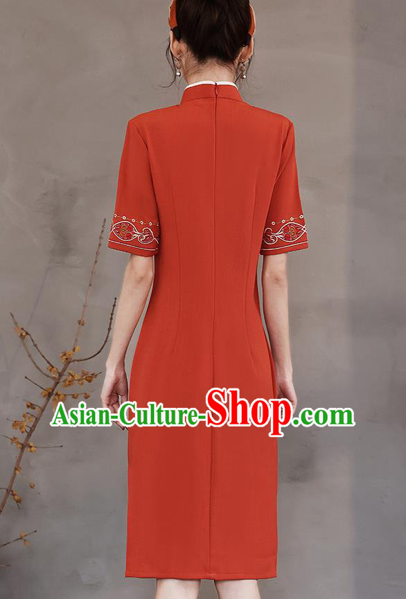 Chinese Stand Collar Cheongsam Clothing Modern Dance Young Lady Embroidered Red Qipao Dress Chinese Stand Collar Cheongsam Clothing Modern Dance Young Lady Embroidered Red Qipao Dress
