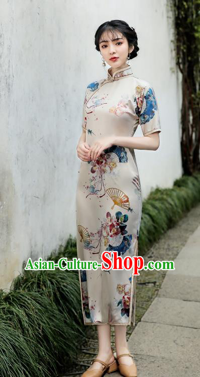 Republic of China Traditional Stand Collar Qipao Dress National Young Lady Printing Fan Cheongsam Republic of China Traditional Stand Collar Qipao Dress National Young Lady Printing Fan Cheongsam